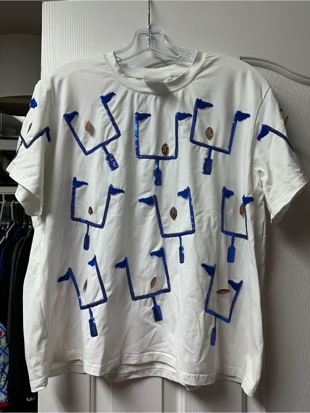QUEEN OF SPARKLES White Short-Sleeve Tee with Blue Sequin Goalpost Motif